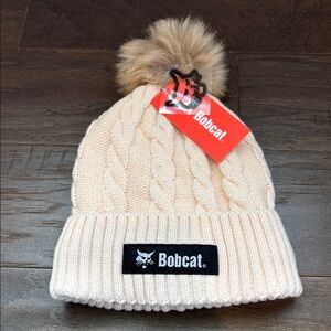 Bobcat Cable Knit,Sherpa lined pom-pom,cuffed beanie,winter hat,black patch logo